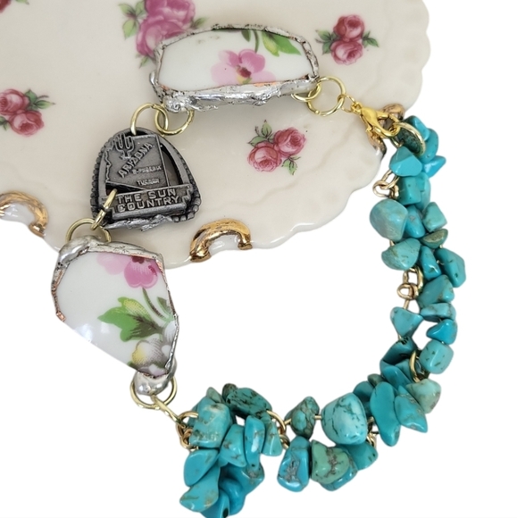 14K Gold Plated Arizona The Sun Country Broken China Floral Turquoise Bracelet - Picture 3 of 4